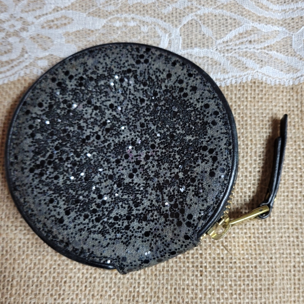 Fossil glitter and black leather coin purse